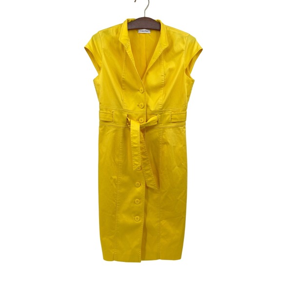 Calvin Klein Yellow Sleeveless V Neck Button Down Belted Sheath Dress XS - Picture 1 of 9